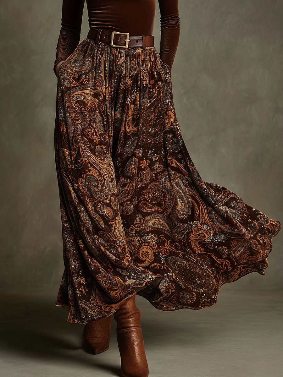 Conjunto vintage elástico y falda larga con estampado- Tivoli