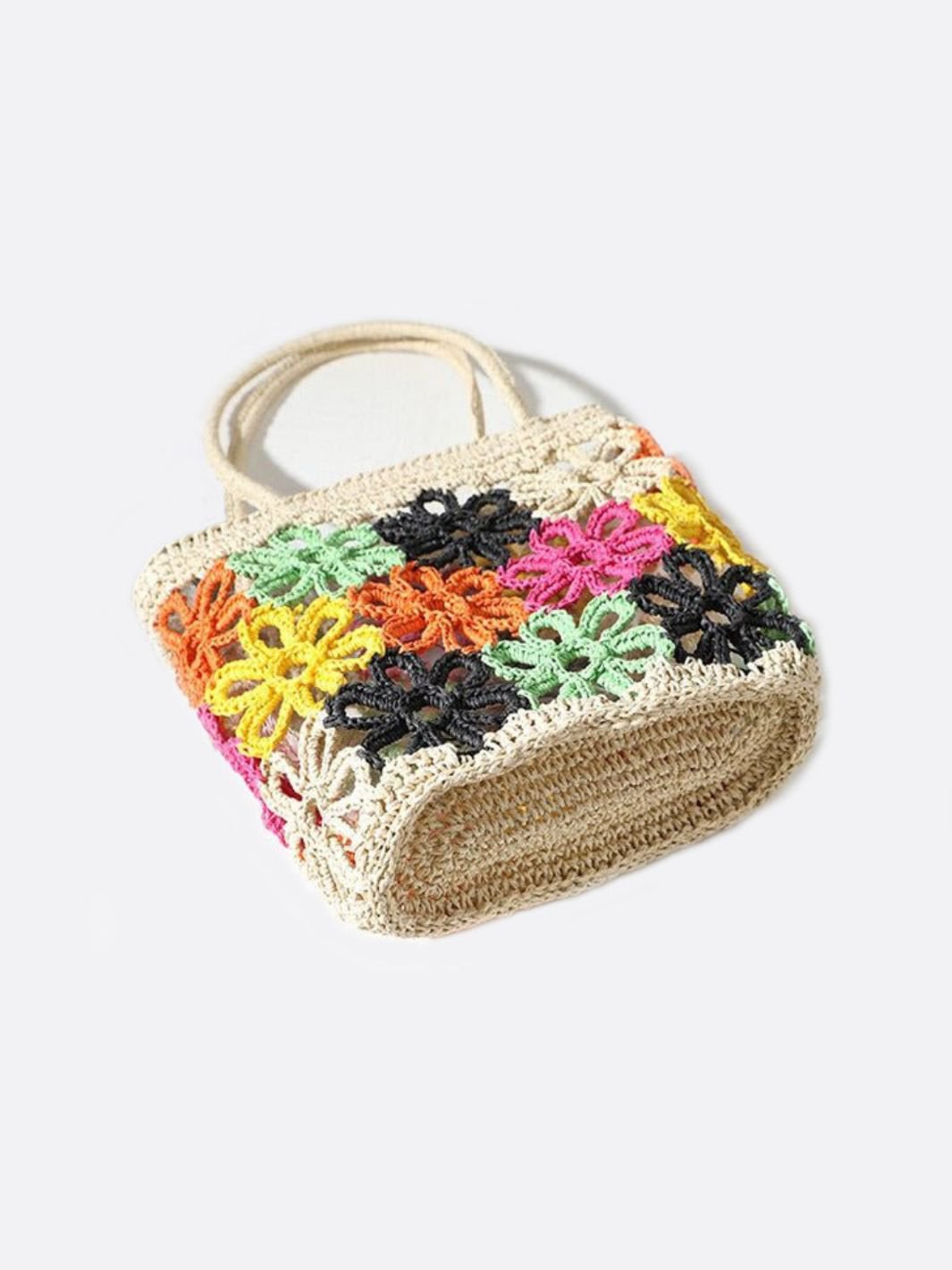 Bolso Tote de Paja con Flores de Crochet – Estilo Colorido y Artesanal