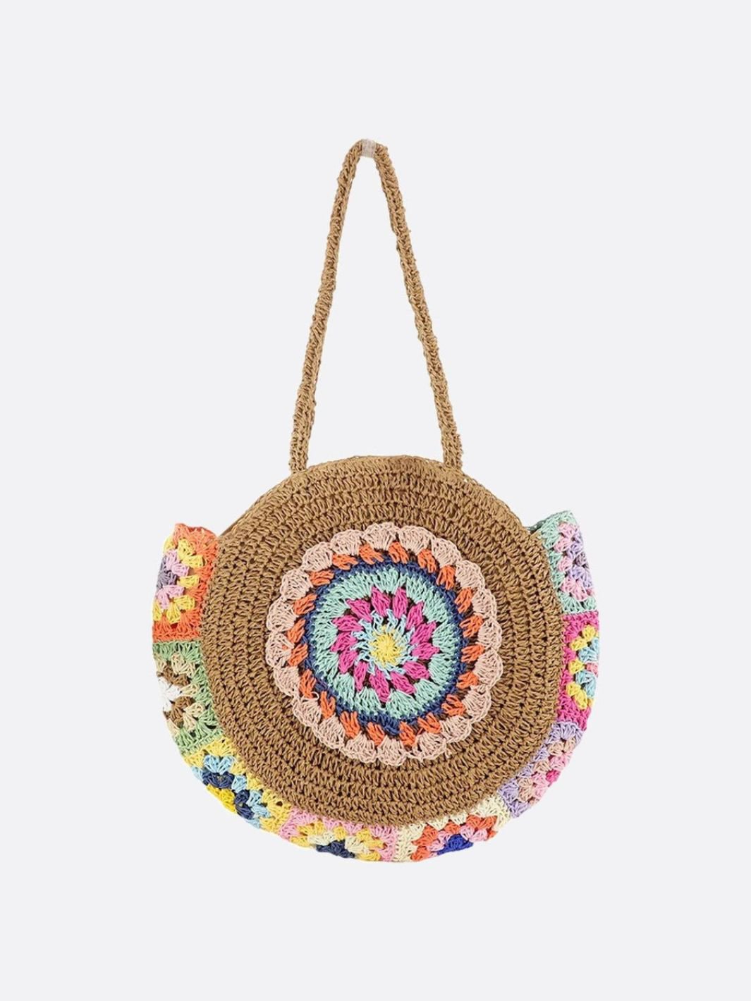Bolso Redondo de Paja con Detalle de Crochet Multicolor – Estilo Boho Festival