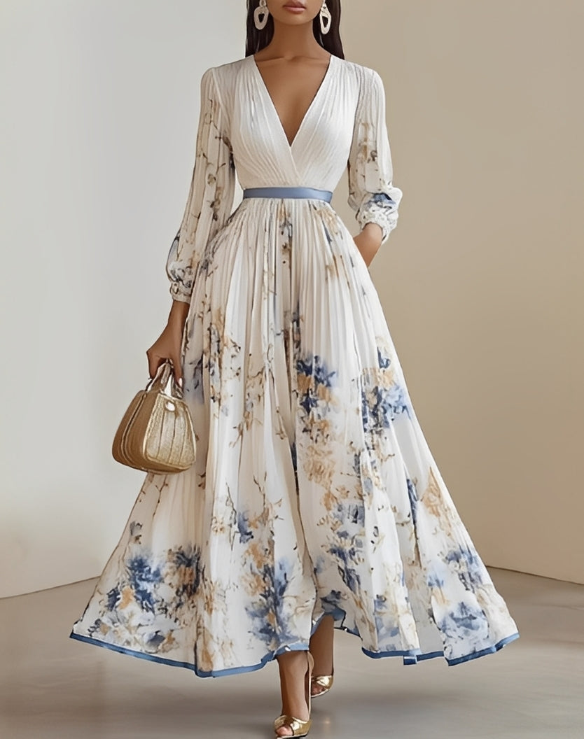 Elena | Vestido largo elegante de mujer con estampado floral y escote en V