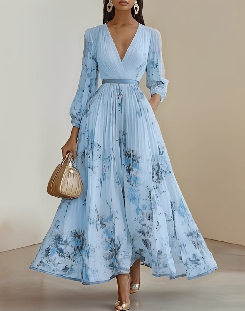Elena | Vestido largo elegante de mujer con estampado floral y escote en V