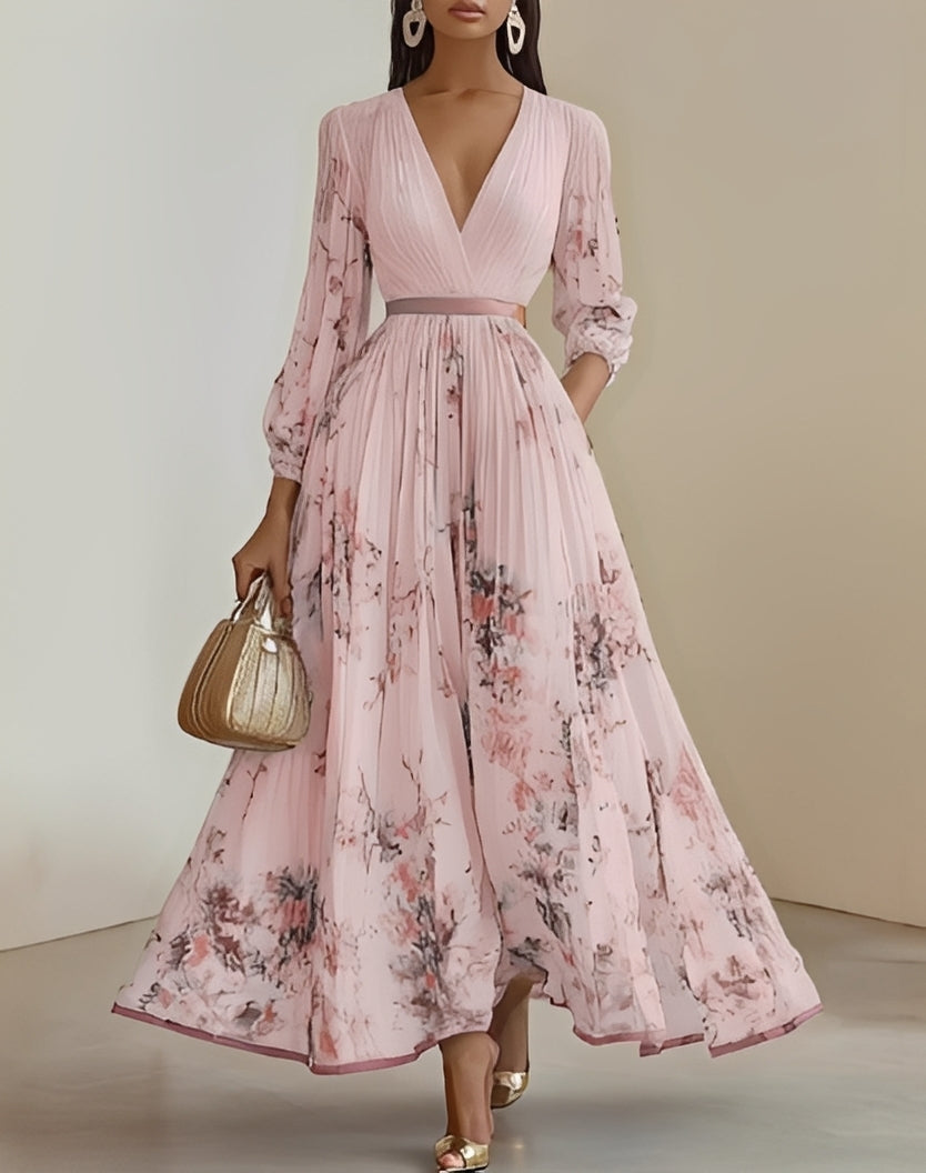 Elena | Vestido largo elegante de mujer con estampado floral y escote en V