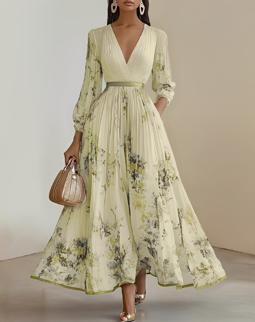 Elena | Vestido largo elegante de mujer con estampado floral y escote en V