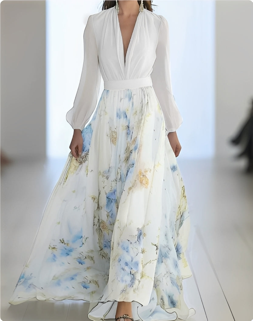 Elena | Vestido largo elegante de mujer con estampado floral y escote en V