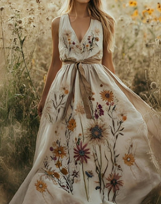 Elena | Vestido largo elegante de mujer con estampado floral y escote en V