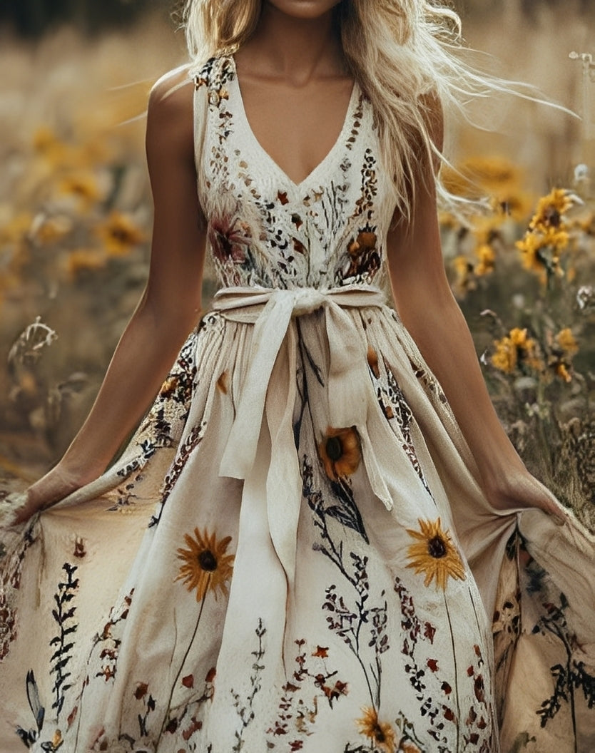 Elena | Vestido largo elegante de mujer con estampado floral y escote en V