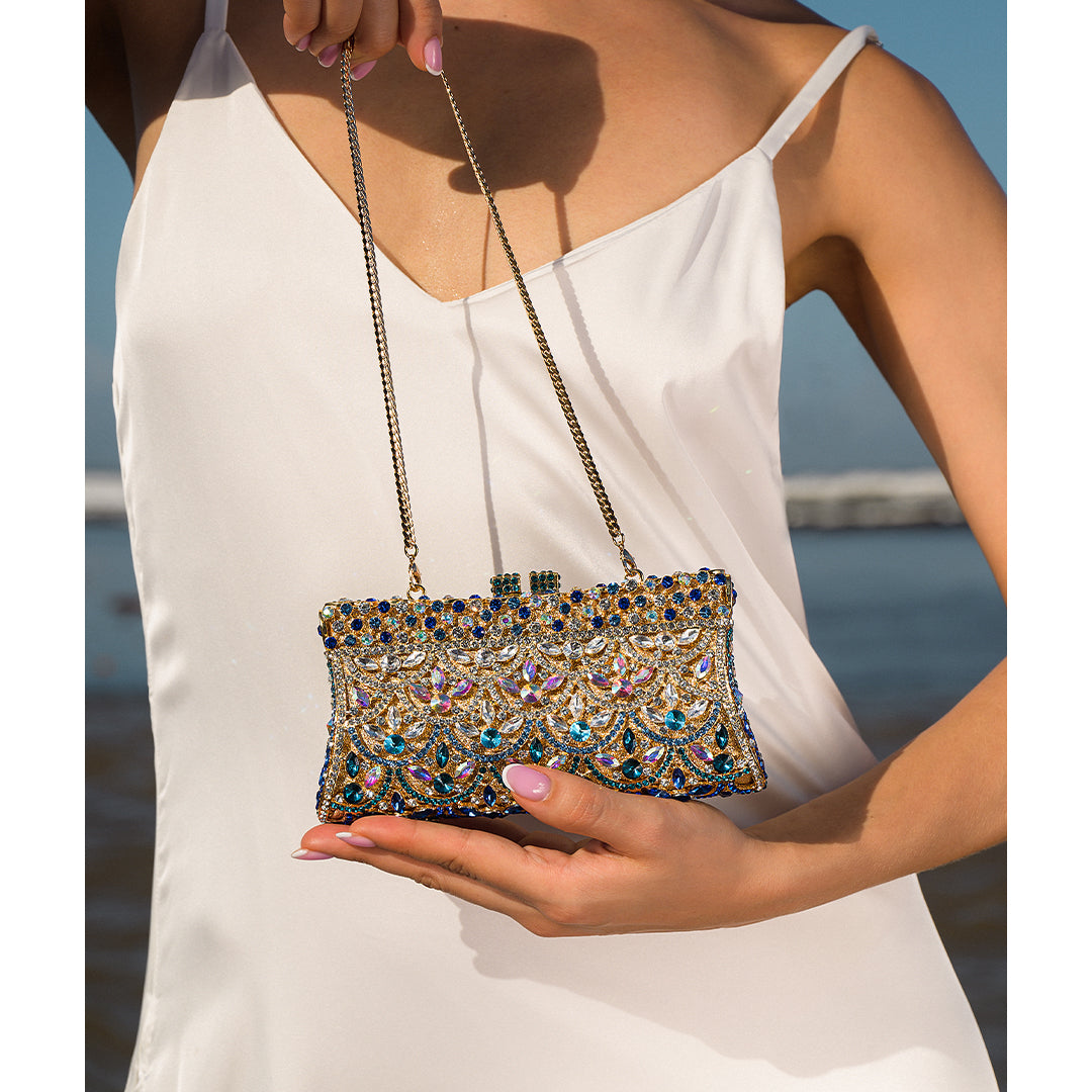 Clutch Dorado con Cristales Multicolor – Bolso de Mano Brillante para Fiestas y Bodas de Lujo