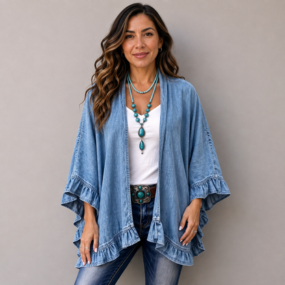 Cardigan boho chic de vaquero con volantes