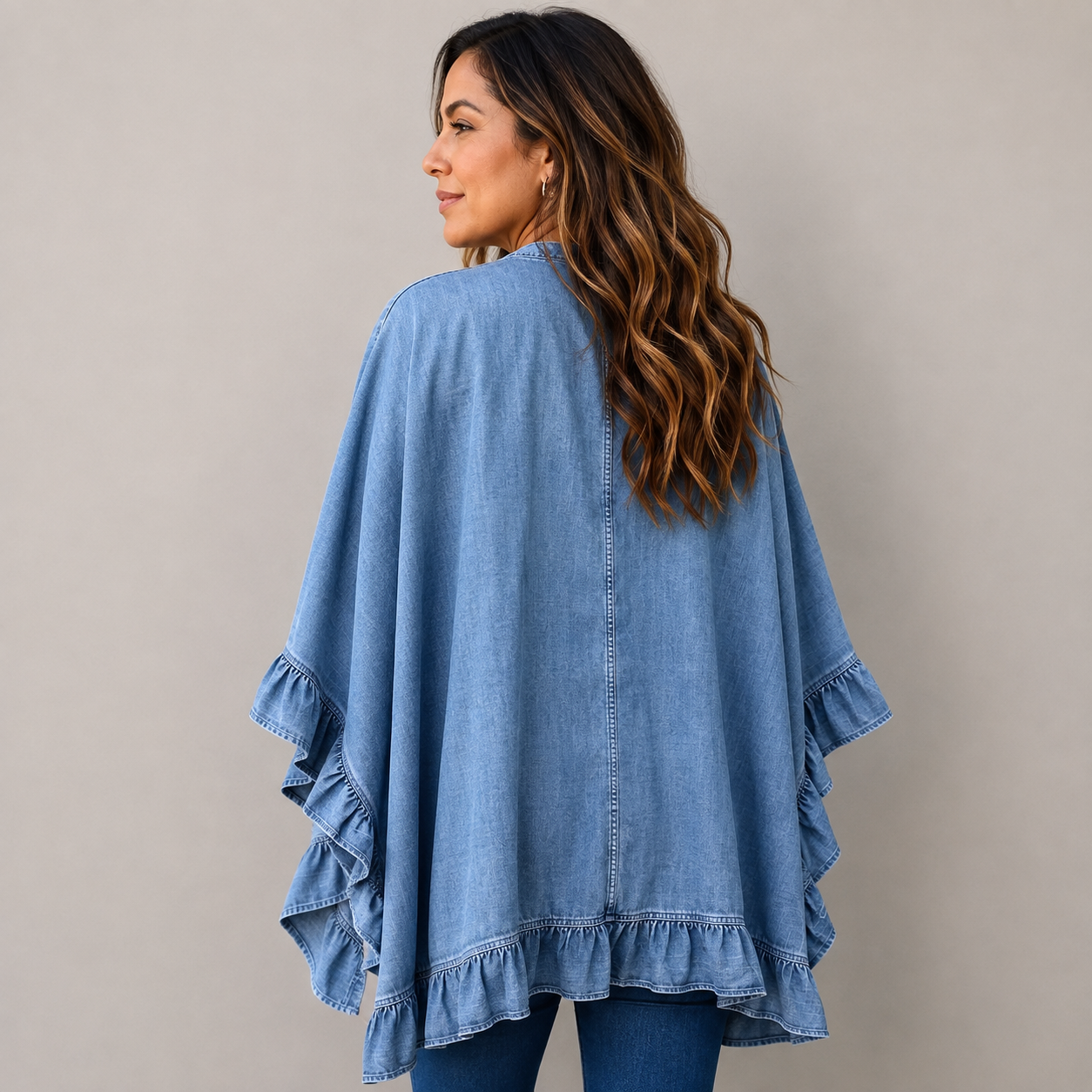 Cardigan boho chic de vaquero con volantes