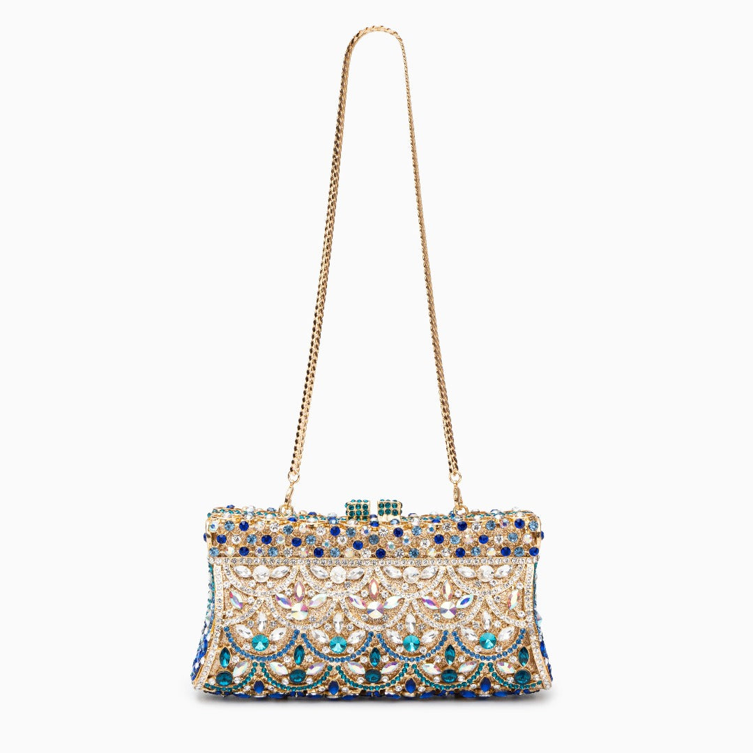 Clutch Dorado con Cristales Multicolor – Bolso de Mano Brillante para Fiestas y Bodas de Lujo
