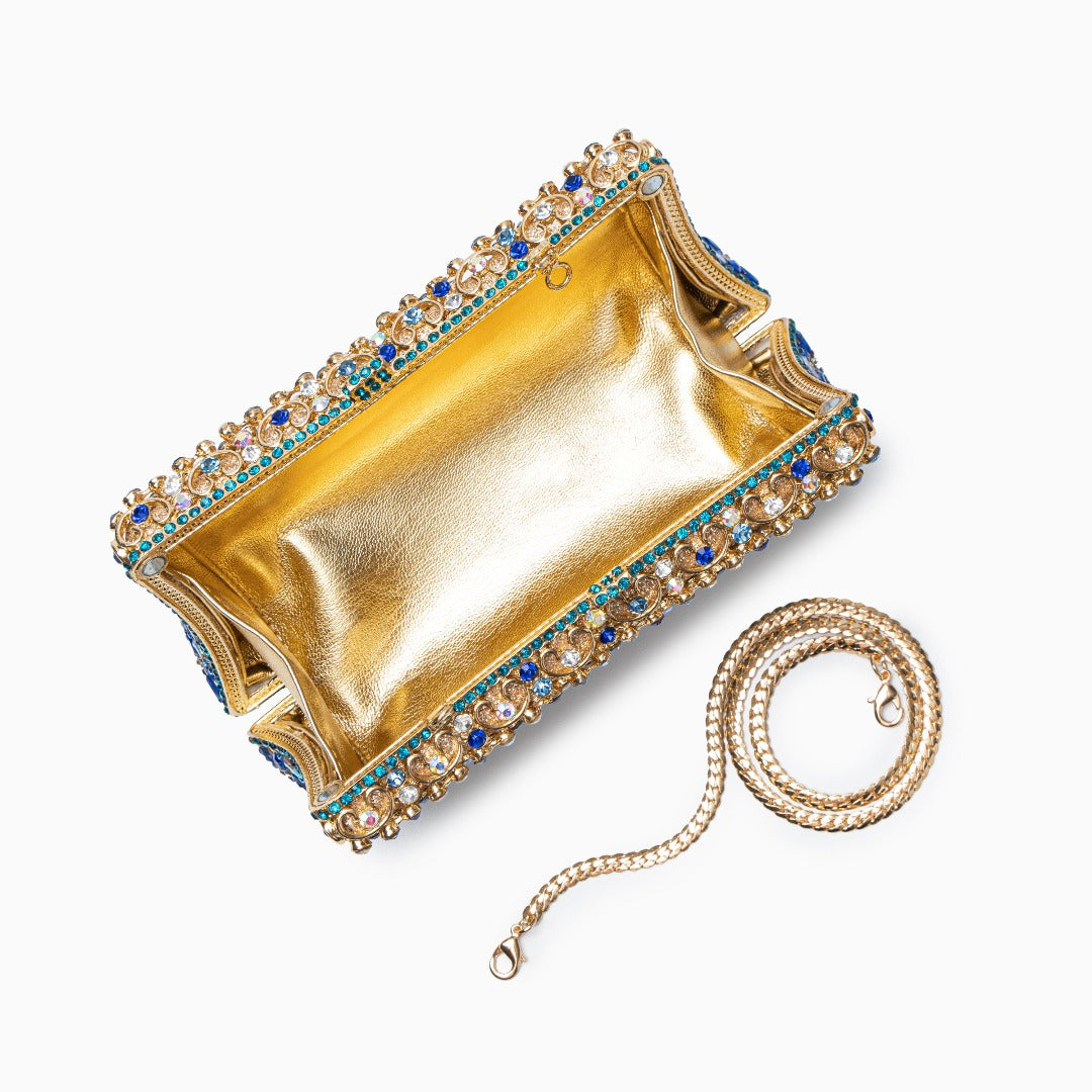 Clutch Dorado con Cristales Multicolor – Bolso de Mano Brillante para Fiestas y Bodas de Lujo