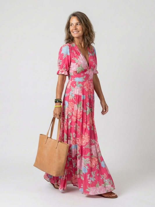 Ivonne | Vestido midi floral de manga corta y cuello en V