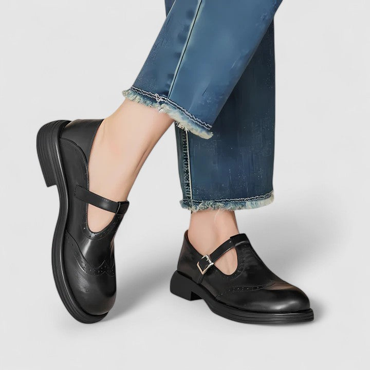 Zapatos de piel con correa en T para mujer