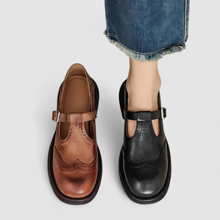 Zapatos de piel con correa en T para mujer