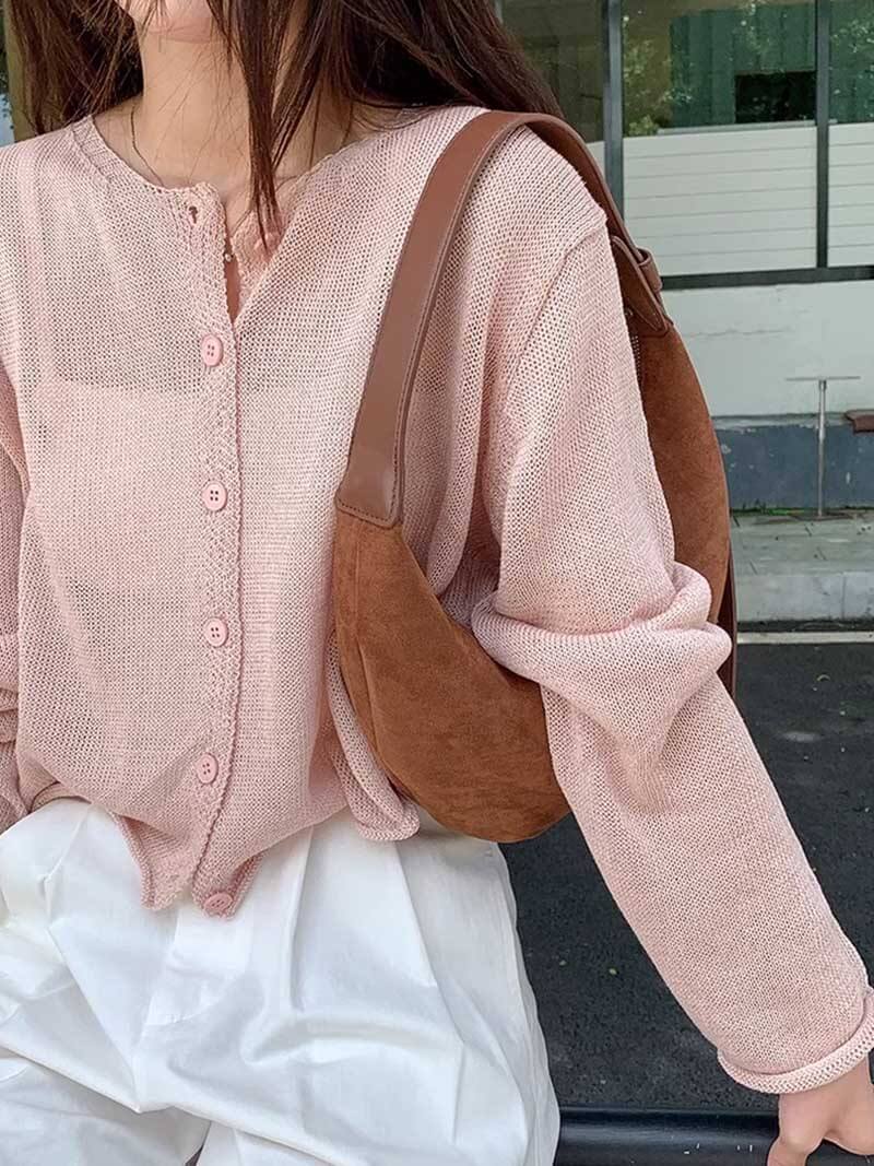 Bolso de Hombro en Forma de Media Luna con Acabado de Ante