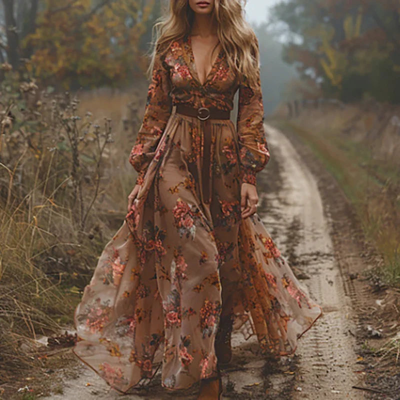 Jacinda | Vestido maxi boho para mujer con cinturón fluido | Ligero