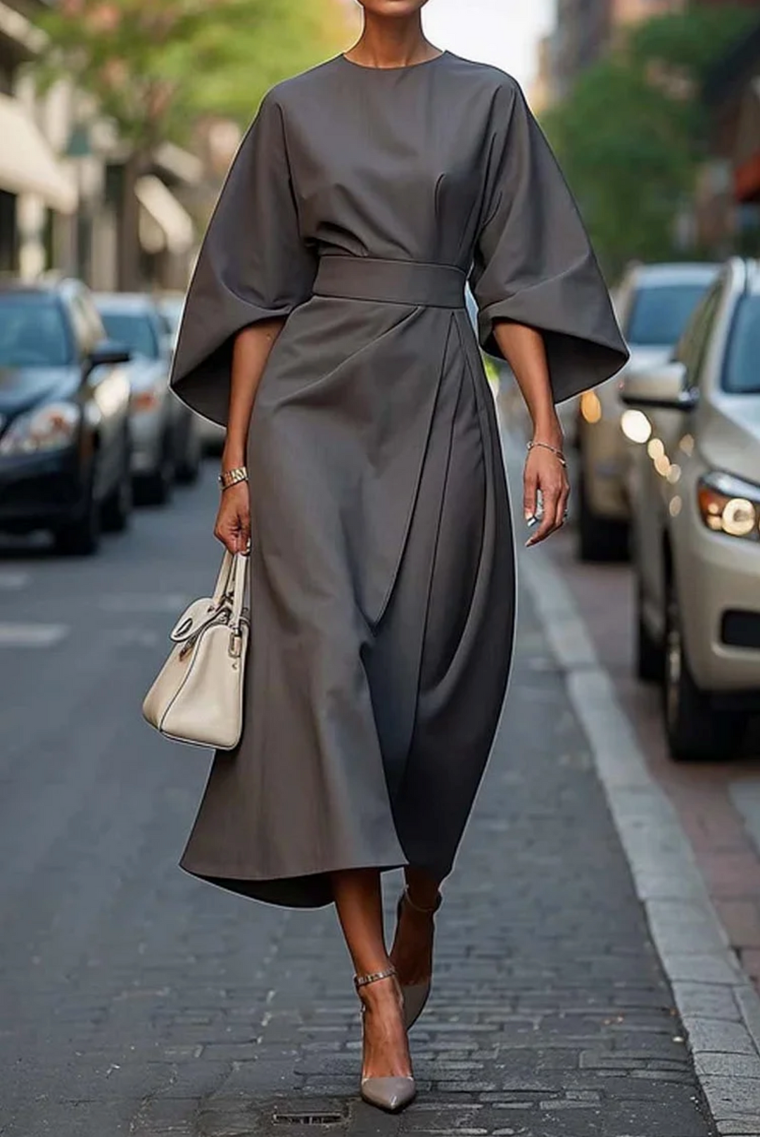 Naiara | Vestido elegante para mujer con mangas farol y cinturón