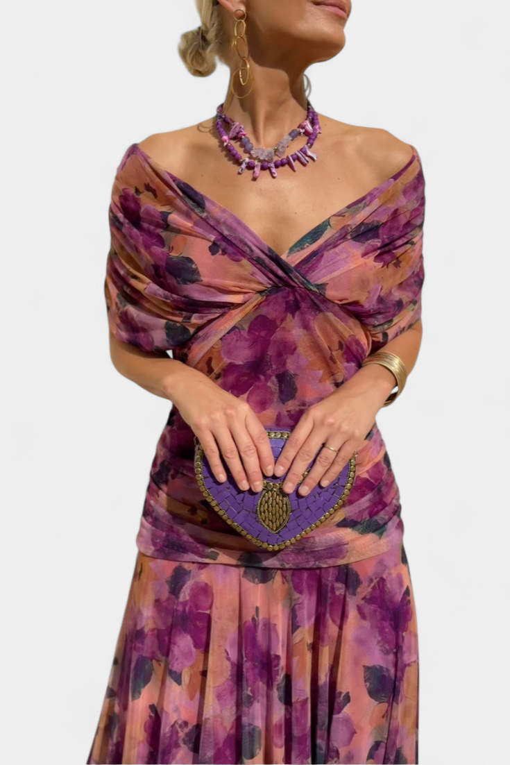 Iselina | Vestido largo fruncido para mujer con cuello en V elegante | Fluido