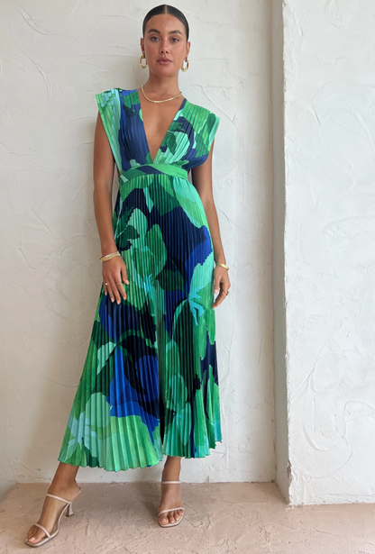 Vestido Evangelina-Plisado en Tonos Azules