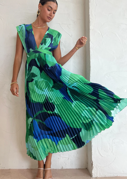 Vestido Evangelina-Plisado en Tonos Azules