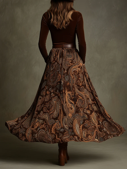 Conjunto vintage elástico y falda larga con estampado- Tivoli