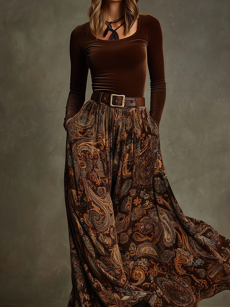 Conjunto vintage elástico y falda larga con estampado- Tivoli