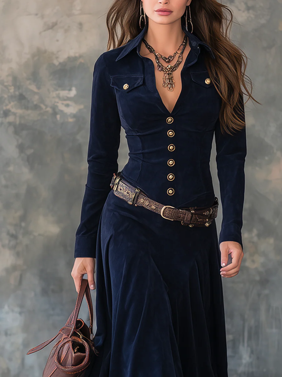 Vestido largo vintage con bolsillos con solapa- Candela