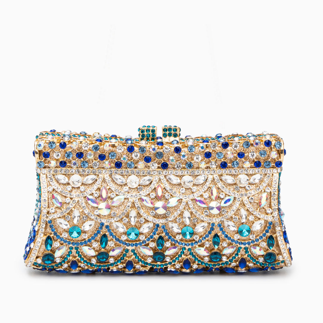 Clutch Dorado con Cristales Multicolor – Bolso de Mano Brillante para Fiestas y Bodas de Lujo