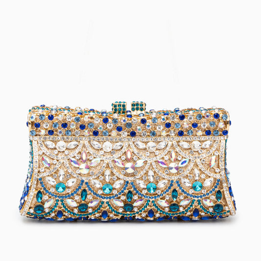 Clutch Dorado con Cristales Multicolor – Bolso de Mano Brillante para Fiestas y Bodas de Lujo