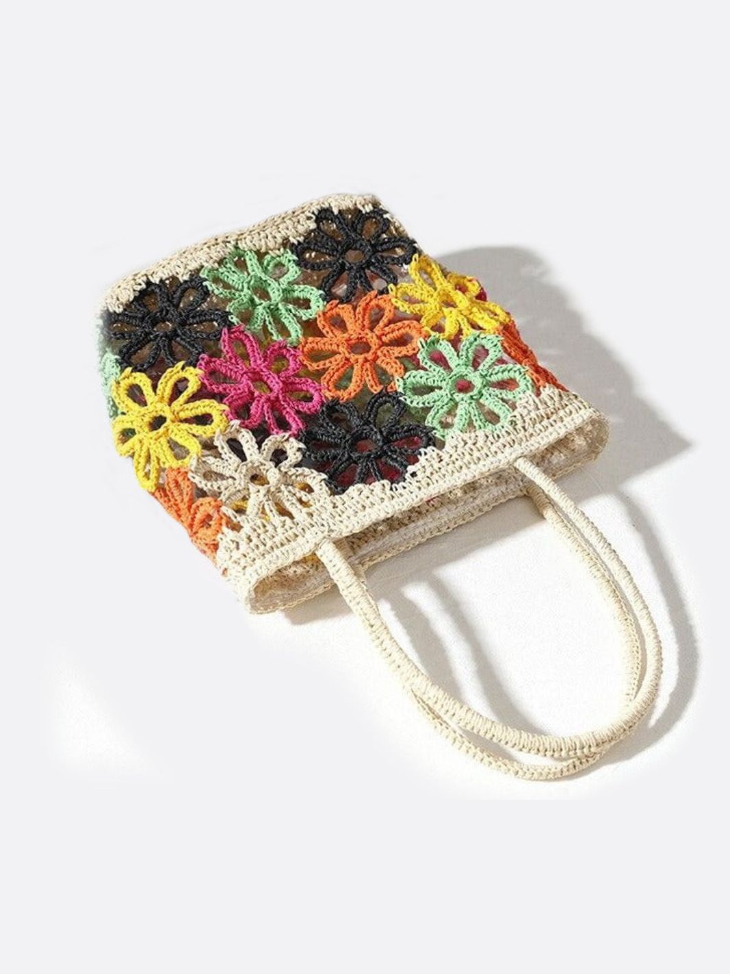 Bolso Tote de Paja con Flores de Crochet – Estilo Colorido y Artesanal