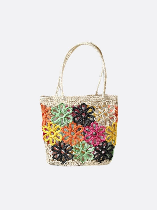 Bolso Tote de Paja con Flores de Crochet – Estilo Colorido y Artesanal