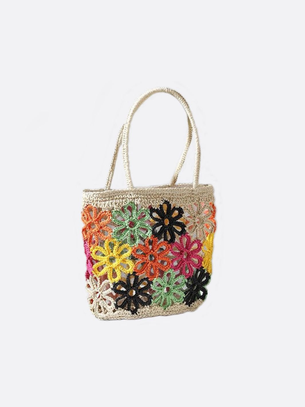 Bolso Tote de Paja con Flores de Crochet – Estilo Colorido y Artesanal