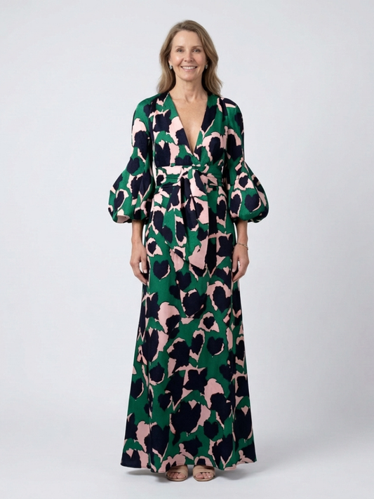 Sole | Vestido largo de manga larga con cuello en V y cinturon con lazo