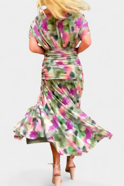 Iselina | Vestido largo fruncido para mujer con cuello en V elegante | Fluido
