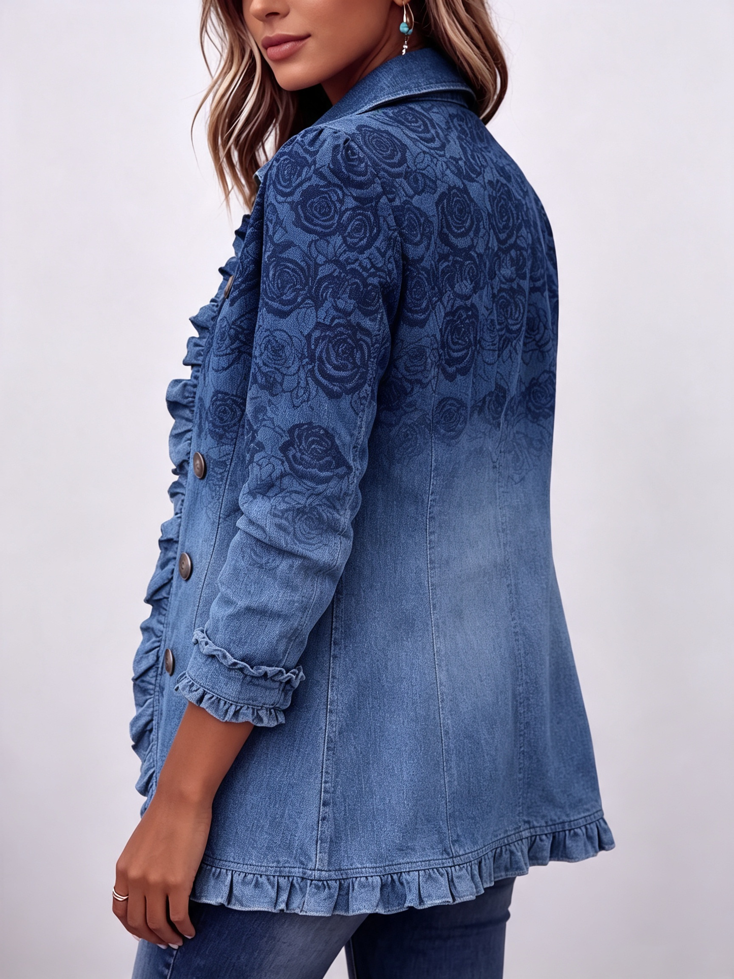 Chaqueta con volantes y estampado degradado de rosas azules de estilo retro