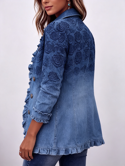 Chaqueta con volantes y estampado degradado de rosas azules de estilo retro