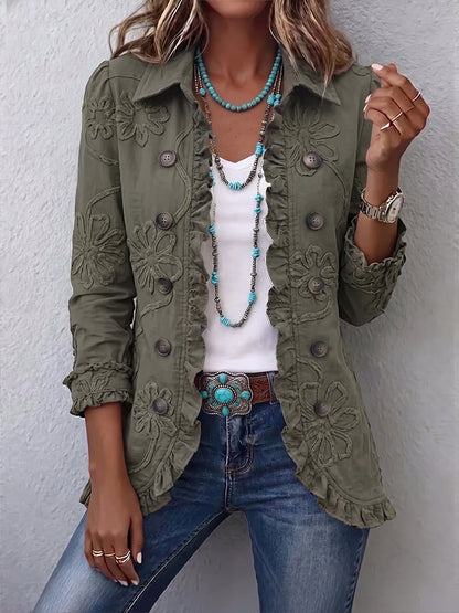 Chaqueta utilitaria de estilo boho-chic con bordados florales y ribetes con volantes