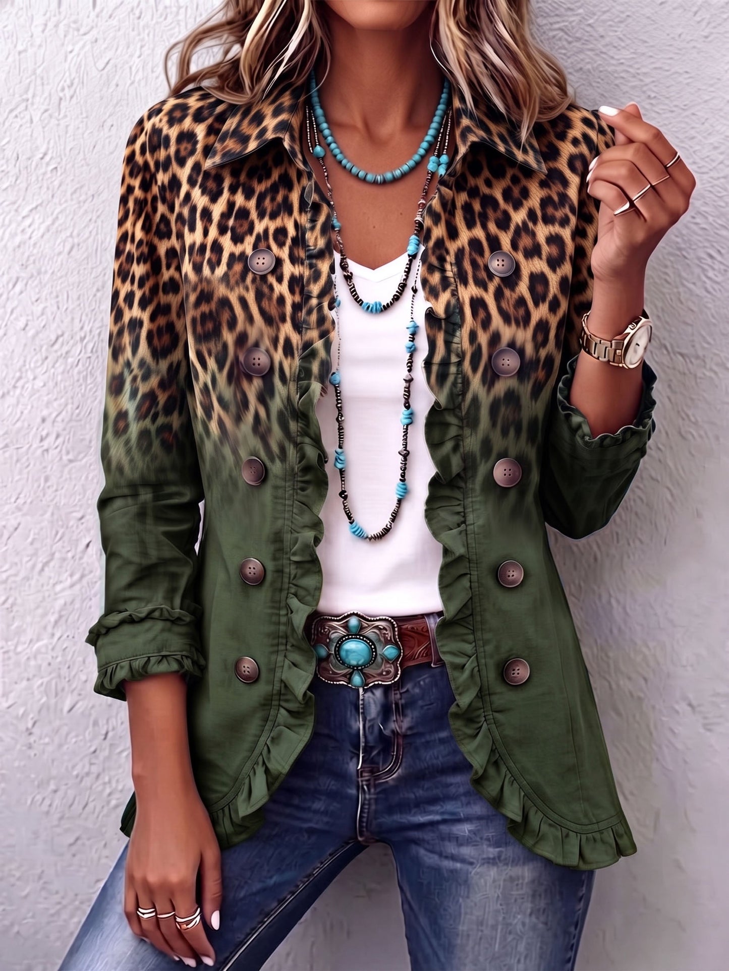 Chaqueta blazer boho atrevida con estampado de leopardo y volantes en color verde azulado
