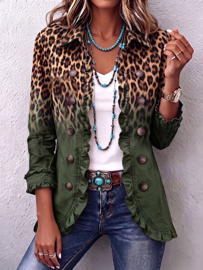 Chaqueta blazer boho atrevida con estampado de leopardo y volantes en color verde azulado