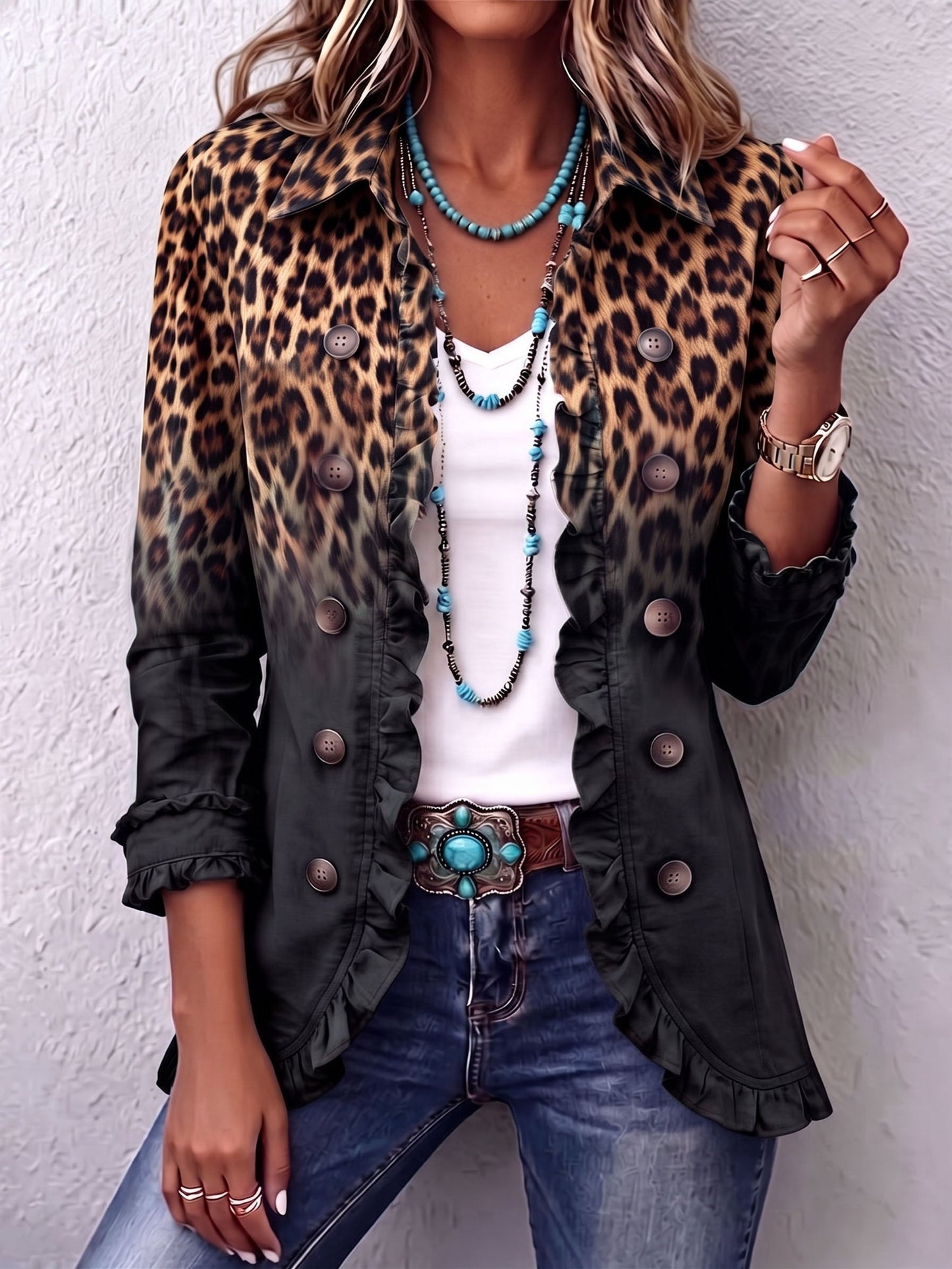 Chaqueta blazer boho atrevida con estampado de leopardo y volantes en color verde azulado