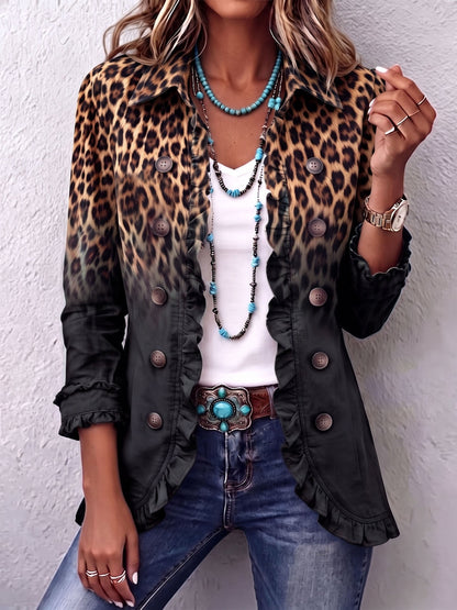 Chaqueta blazer boho atrevida con estampado de leopardo y volantes en color verde azulado