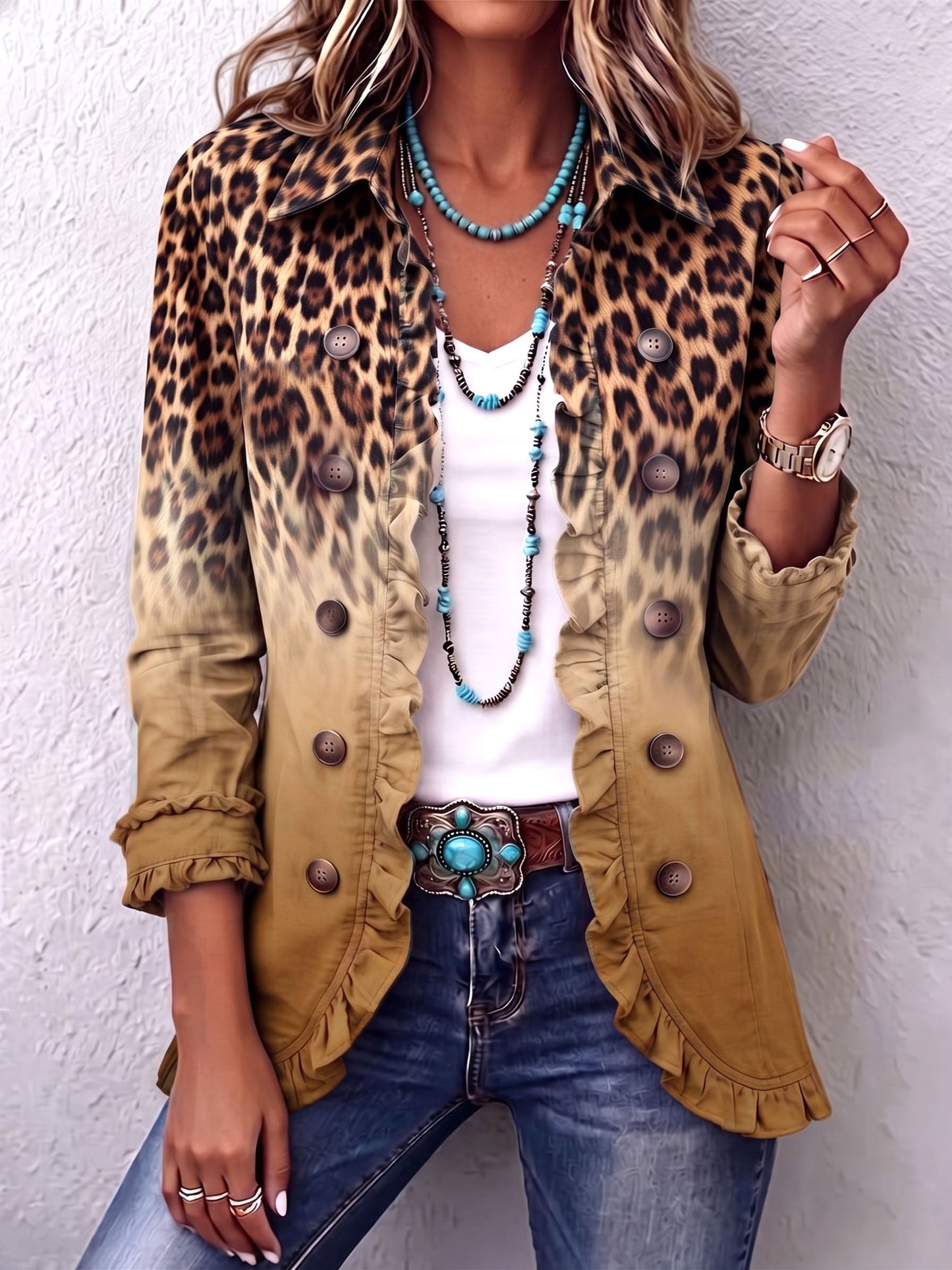 Chaqueta blazer boho atrevida con estampado de leopardo y volantes en color verde azulado