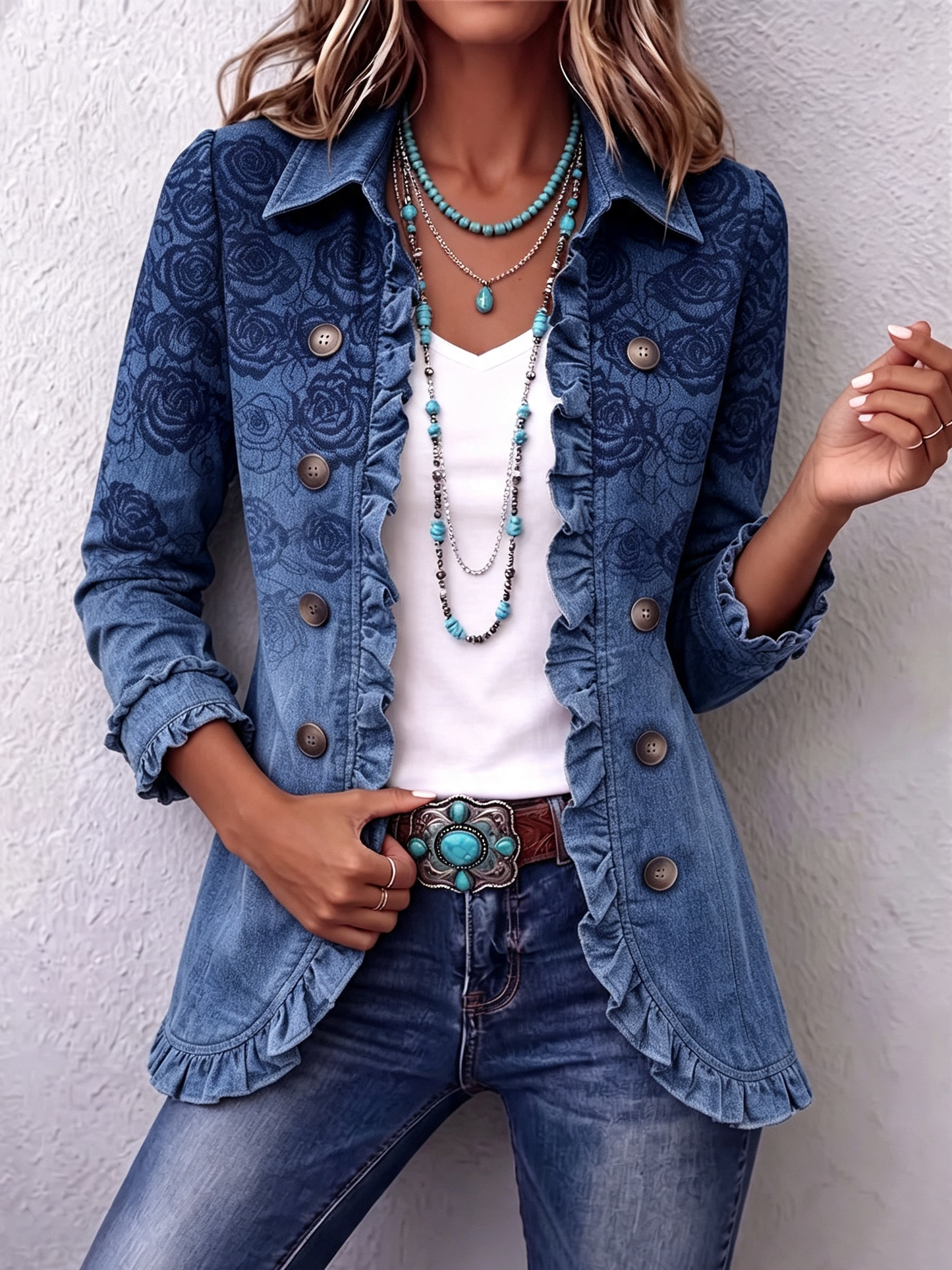 Chaqueta con volantes y estampado degradado de rosas azules de estilo retro
