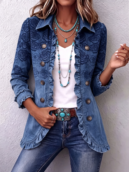 Chaqueta con volantes y estampado degradado de rosas azules de estilo retro