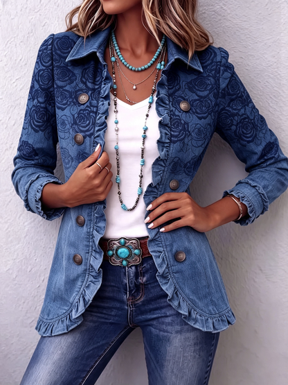 Chaqueta con volantes y estampado degradado de rosas azules de estilo retro