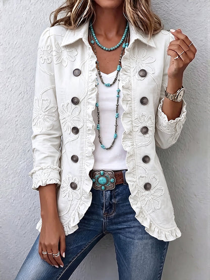 Chaqueta utilitaria de estilo boho-chic con bordados florales y ribetes con volantes