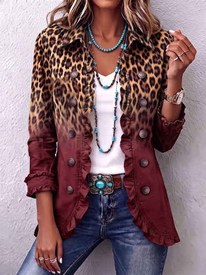 Chaqueta blazer boho atrevida con estampado de leopardo y volantes en color verde azulado