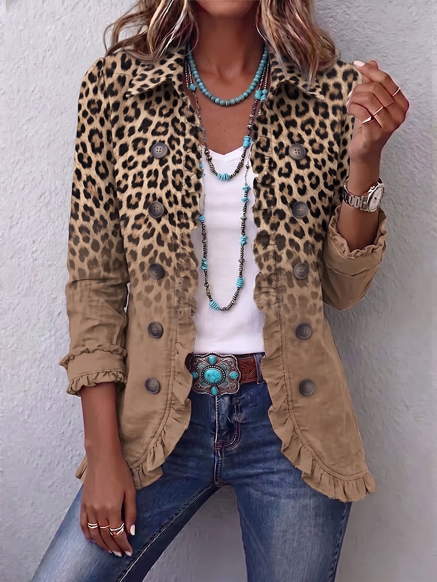 Chaqueta con volantes de mezcla de lino con estampado vintage de leopardo en degradado