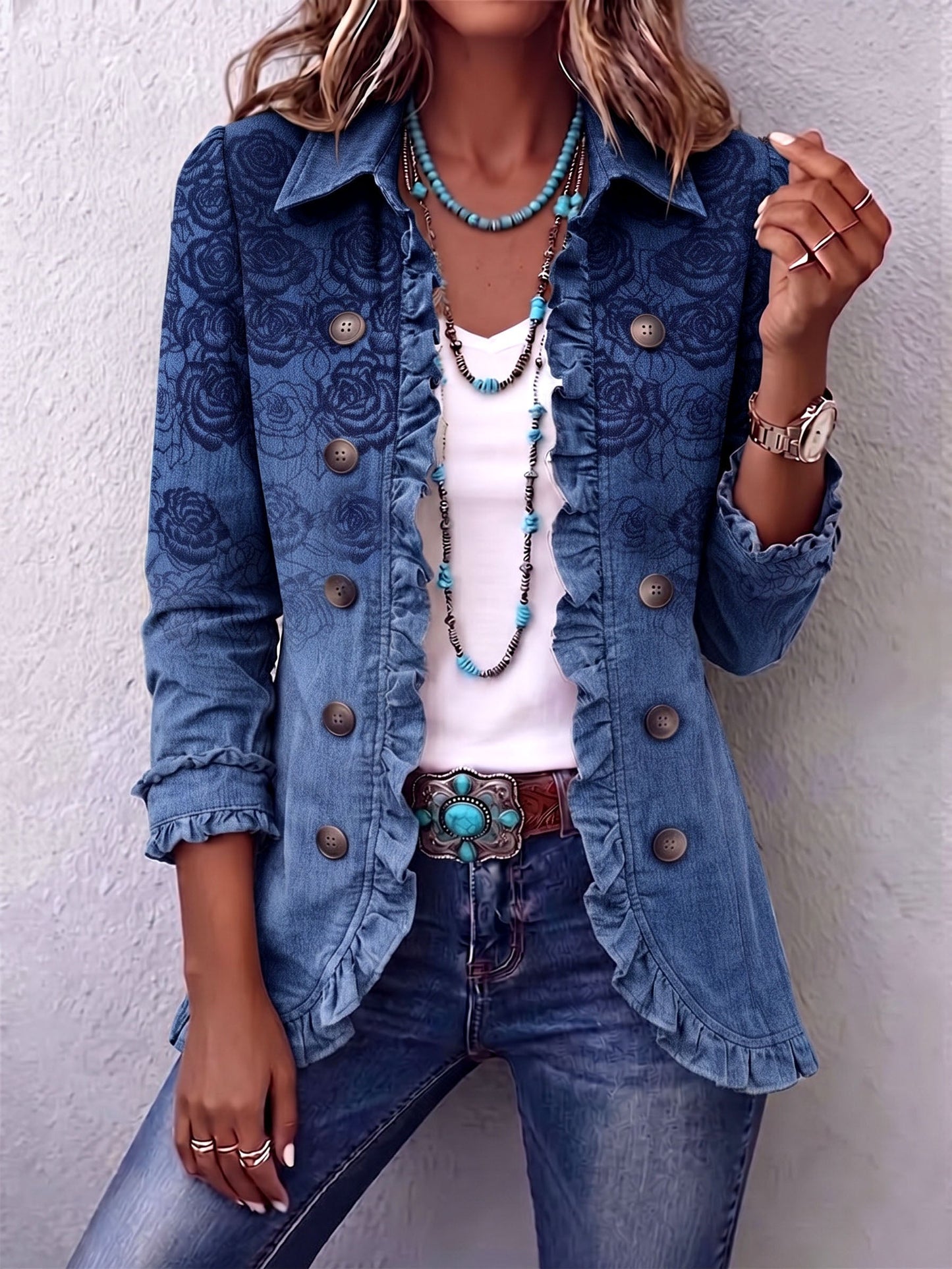 Chaqueta con volantes y estampado degradado de rosas azules de estilo retro