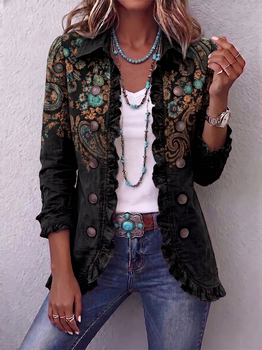 Chaqueta bohemia con volantes y estampado de paisley